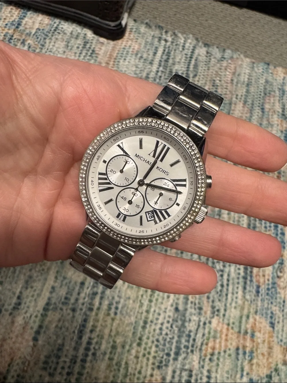Michael Kors Silver-Tone Crystal Bezel Chronograph Watch